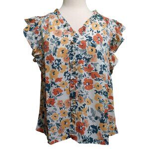NWT Voy Floral Ruffle Sleeve Blouse~Hidden Buttons~Fall Colors~Size SMALL